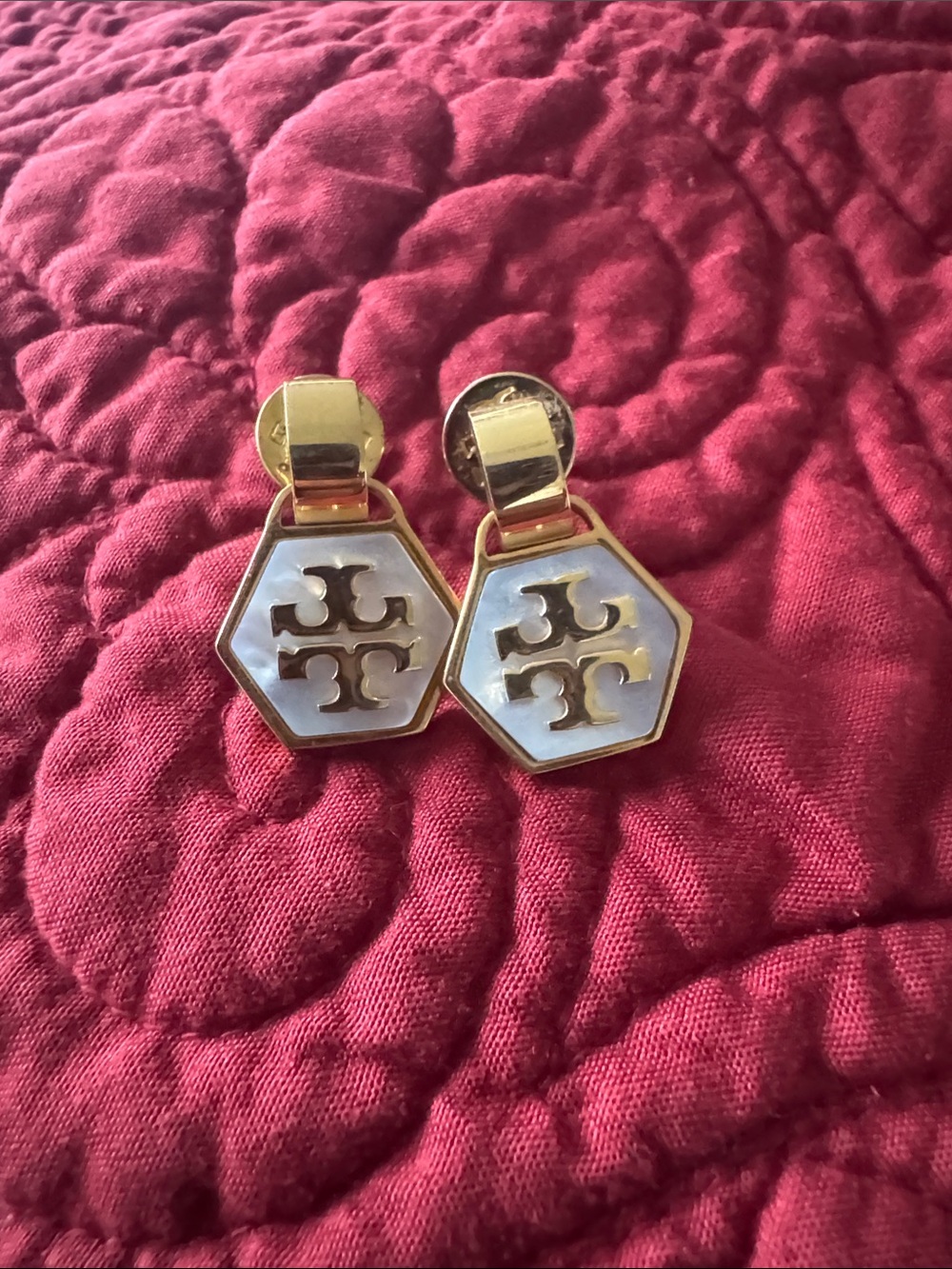 Tory Burch Gold-Tone Hexagon Drop Earrings with Mother of Pearl Inlay